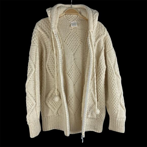 Indian Creations Fisherman Hooded Wool Zip Cardigan Sweater Women M Cream Chunky - Picture 3 of 12